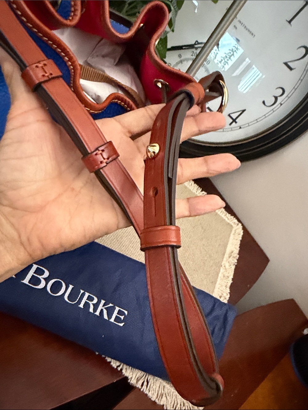 Dooney & Bourke Blue Leather Drawstring Bucket Bag with Brown Trim and Tassels - Picture 13 of 16